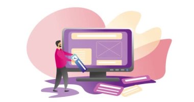 Bir adam bilgisayar monitöründen bir web sitesi topluyor. Programcı UV UX tasarımı.