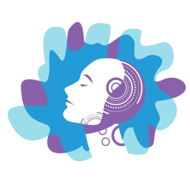 Renkli düz arkaplan üzerinde çalışan bir Cyborg profili. HUD elementleri, robot. IT Teknolojileri.