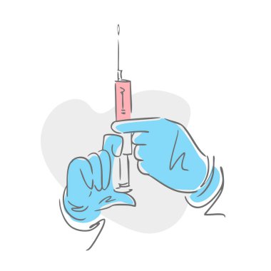 Doktorun eldivenli elleri şırıngayı ilaçla tutuyor. El çizimi çizimi beyaza izole edildi.