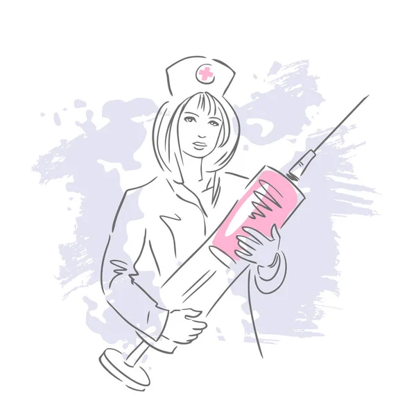 Kadın bir doktor elinde aşı olan büyük bir şırınga tutuyor. El çizimi çizimi beyaza izole edildi.