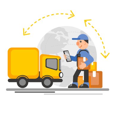 Küresel arka planda sarı kamyoneti olan bir işçi. Lojistik ve teslimat sevimli karikatür. Düz çizimler beyaz arkaplanda izole edildi.