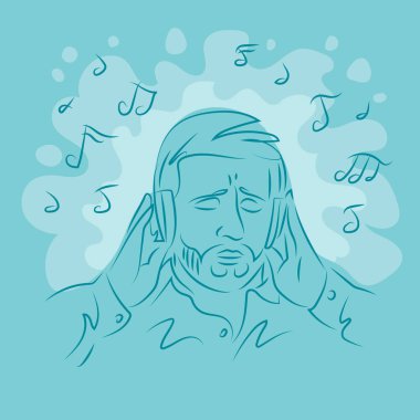 Kulaklıklı bir adam müzik dinler. Renkli bir arkaplanda basit çizgi çizimi.