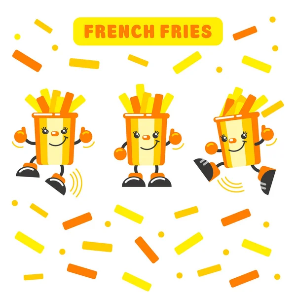 Cartoon Character Glass Fries Set Funny Fast Food Stickers French — Stock Vector