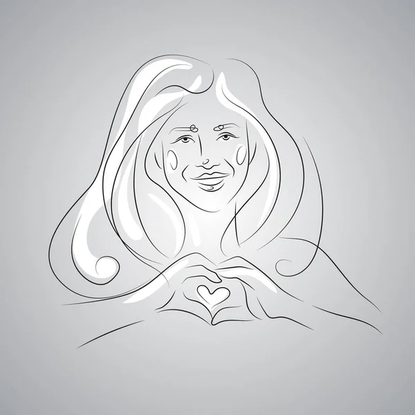線で描かれた少女の顔 女性は手で心臓を見せている ミニマルな手描き — ストックベクタ