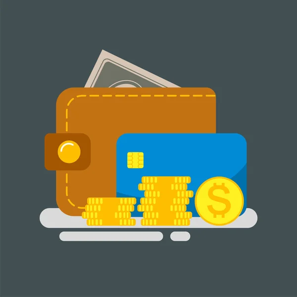 Wallet with money and credit card. Cash are sticking out of the wallet, coins and a credit card are in front. — Stock Vector