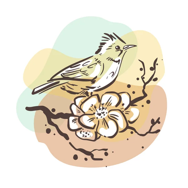 Mały ptaszek siedzi na gałęzi z kwiatami. Szkicowa sztuka na tle kolorowych plamek. Rysunek w japońskim stylu. — Wektor stockowy
