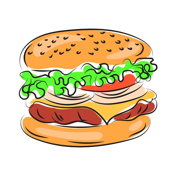 Cheeseburger Fast Food Ilustracja Graficzna Rysunku Linii — Wektor stockowy