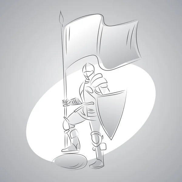 A full-length knight in armor with a flag and a shield. Black and white line drawing. — Stock Vector