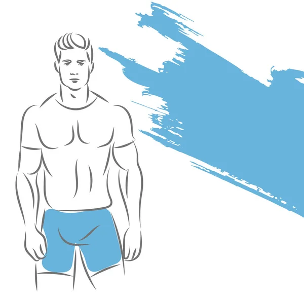 Hombre de fitness se pone en una camiseta y parpadea. Esbozos de una silueta de hombre deportivo. Ilustración del contorno vectorial dibujado a mano. Aislado sobre blanco. — Vector de stock