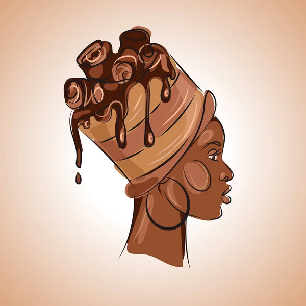 彼女の頭の上にチョコレートブラウニーとプロファイルでアフリカの女性の肖像画 ペイストリー アート ドローイング — ストックベクタ