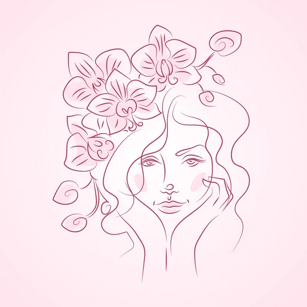 Cara Mulher Com Desenho Linha Flores Buquê Flores Cabeça Mulher — Vetor de Stock