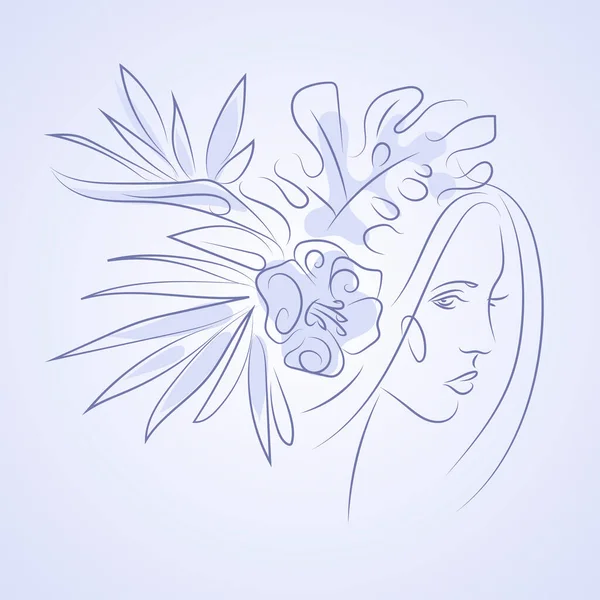 Donna Faccia Con Disegno Linea Fiori Mazzo Fiori Testa Donna — Vettoriale Stock