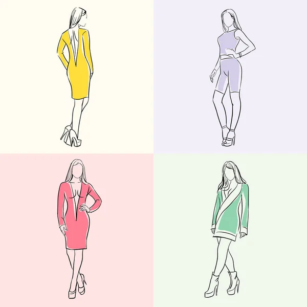 Kvinnliga Modemodeller Linjär Färgteckning — Stock vektor