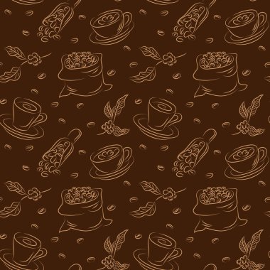 Kahve kusursuz desenli. Amerikan fincanı, kahve çekirdekleri ve yapraklarla dolu bir çanta. Basit doğrusal çizim arkaplanı.