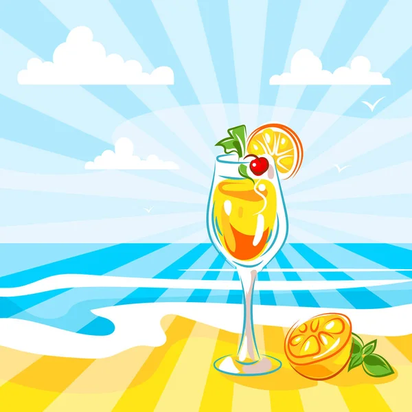 Ein Glas mit einem exotischen Cocktail vor dem Hintergrund einer Meereslandschaft. Vektorkunst. — Stockvektor