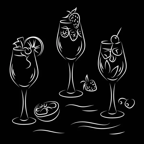 手描きカクテル。グラスでアルコール飲料。スケッチジュースマルガリータ・マティーニ。線形黒と白の図面. — ストックベクタ
