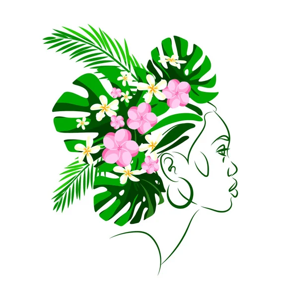 Ritratto di donna africana con bouquet di foglie e fiori tropicali. Simbolo botanico. Logo del salone di bellezza. — Vettoriale Stock