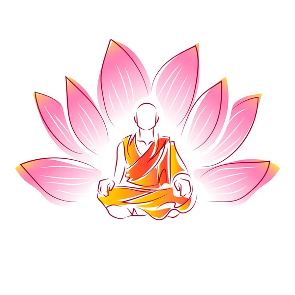 Tibetli bir keşiş yoga pozunda nilüfer çiçeğinin önünde oturur. Beyazın Çizimi.