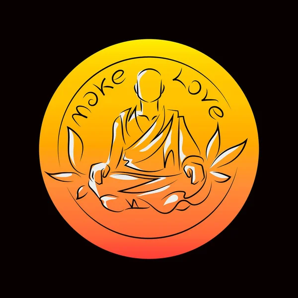 Monaco tibetano seduto in posizione loto yoga su uno sfondo rotondo. Top testo di iscrizione Fare l'amore. Disegno di contorno — Vettoriale Stock