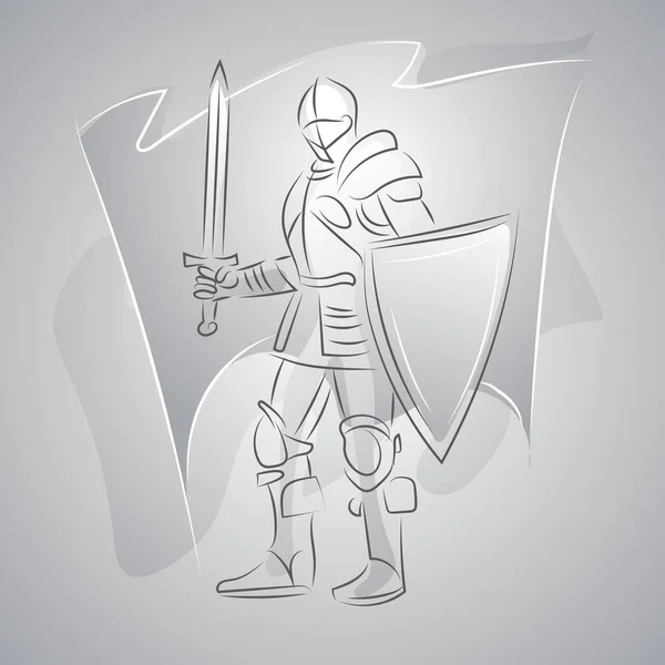 Um cavaleiro de corpo inteiro com uma espada e um escudo. Desenho de linha preto e branco. — Vetor de Stock