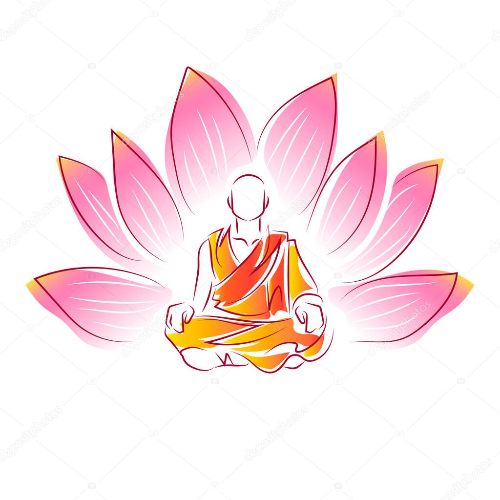 A Tibetan monk sits in a yoga pose against the backdrop of a lotus flower. Illustration on white.