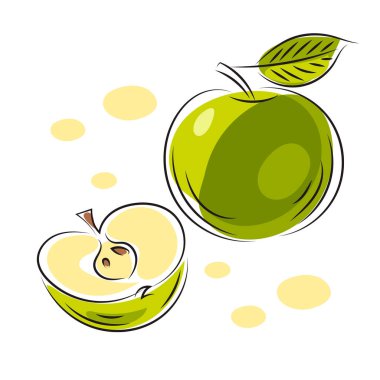 Yapraklı yeşil elma. Tam ve yarım elma. Çizim grafiği çizimi.