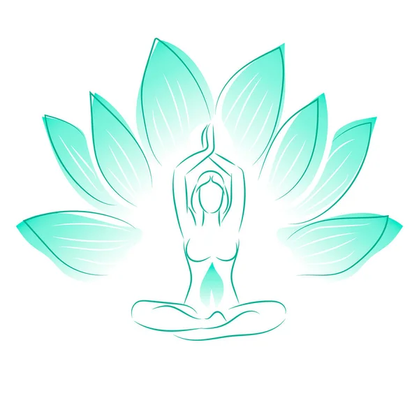 Bir kadın, bir nilüfer çiçeğinin arka planında yoga pozunda oturuyor. Beyaz arkaplanda resim.