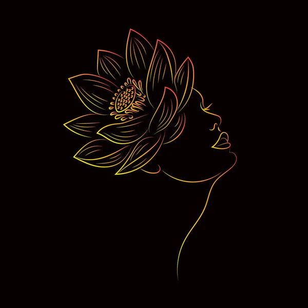 Ritratto di una giovane donna con un fiore di loto in testa. Disegno contorno incisione. Arte vettoriale su sfondo nero — Vettoriale Stock