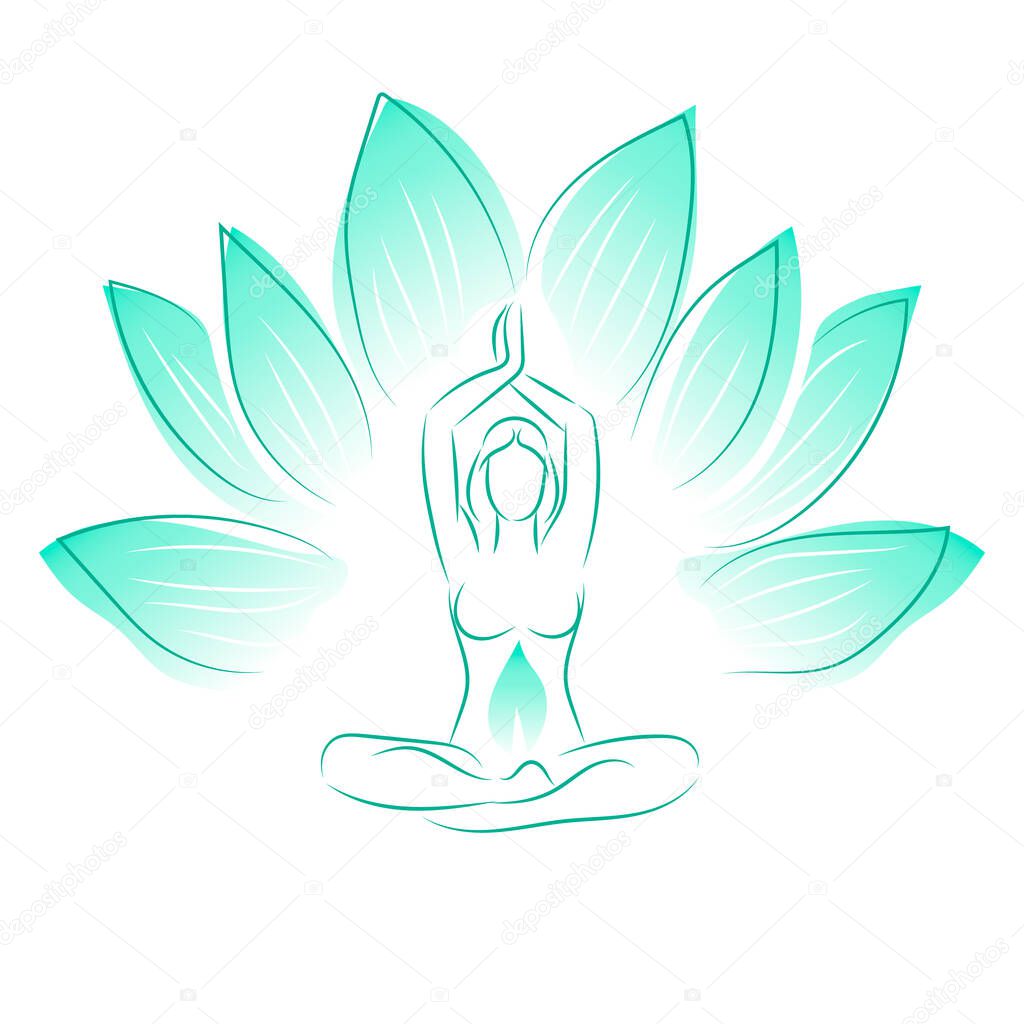 A woman is sitting in a yoga pose on the background of a lotus flower. Illustration on white background.