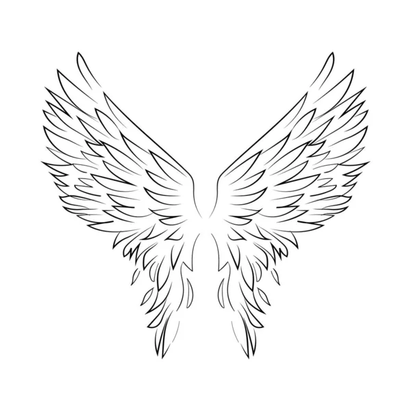 Ailes d'oiseaux, ailes d'anges. Dessin tatoo contour sur fond blanc. — Image vectorielle