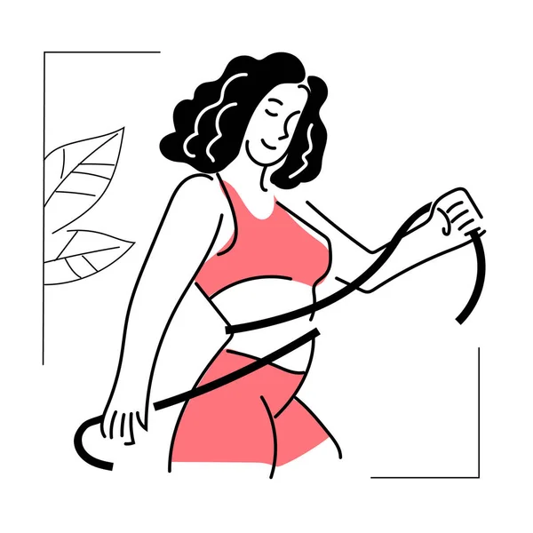 La mujer mide su cintura con una regla. Joven chica fitness con una hermosa figura atlética. Simplemente líneas de arte en blanco — Archivo Imágenes Vectoriales