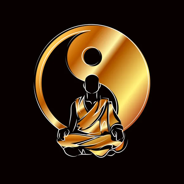 Monaco tibetano siede in posizione loto yoga sullo sfondo del segno yin-yang. Illustrazione dorata su un nero. — Vettoriale Stock
