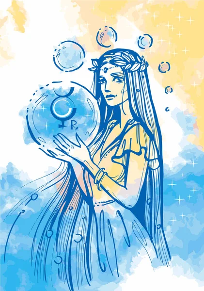 Młoda kobieta trzyma znak astrologiczny, że Merkury cofa się w dłoniach. Zarys szkicu rysunku na akwarelowym abstrakcyjnym tle. — Wektor stockowy