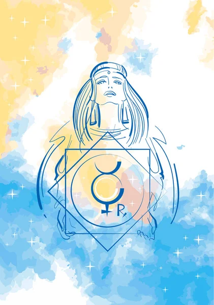 Une jeune femme tient dans ses mains le signe astrologique Mercure rétrograde. Esquisse esquisse dessin sur un fond abstrait aquarelle. — Image vectorielle