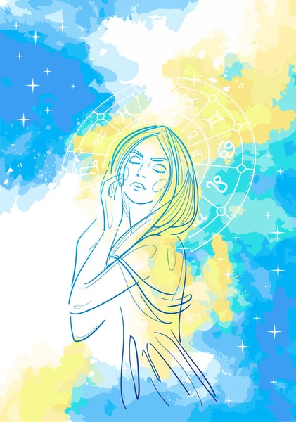 Menina bonita com olhos fechados contra o fundo de signos astrológicos do zodíaco. Desenho esboço esboço em um fundo abstrato aquarela. —  Vetores de Stock