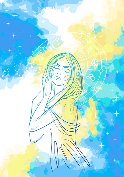 Bella ragazza con gli occhi chiusi sullo sfondo di segni zodiacali astrologici. Schizzo schizzo disegno su uno sfondo astratto acquerello. — Vettoriale Stock