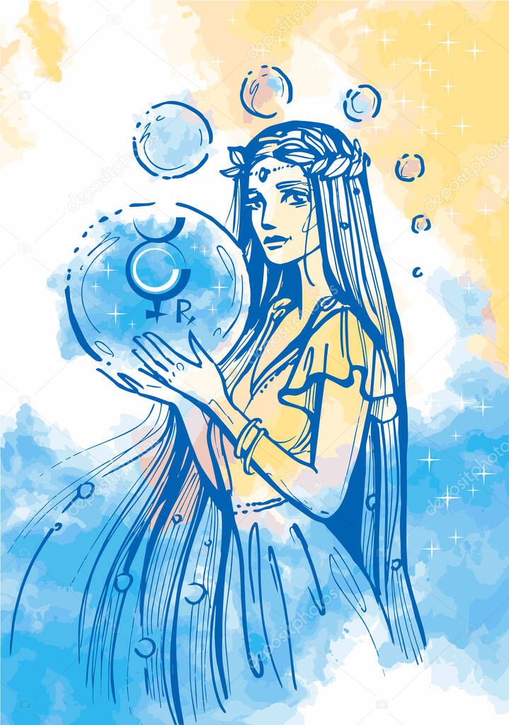A young woman holds the astrological sign Mercury retrograde in her hands. Outline sketch drawing on a watercolor abstract background.