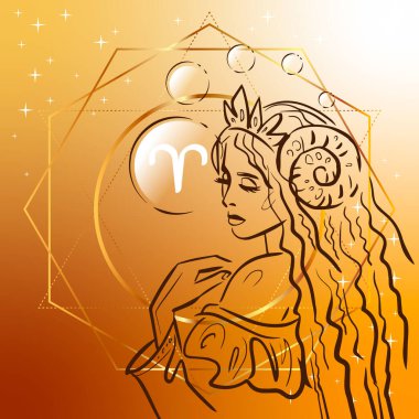 Zodiac burcu. Koç 'un kız halinin vektör çizimi. Kare arkaplanda yıldız falı sembolü