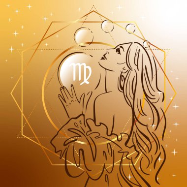 Zodiac burcu. Başak burcunun kız yıldız falı olarak kare süsleme arkaplanındaki vektör çizimi