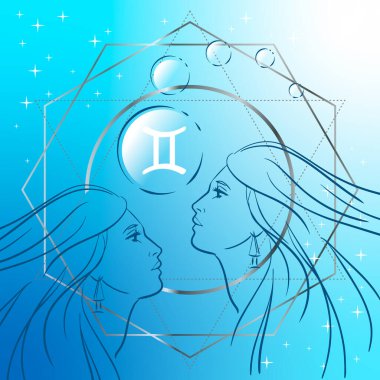 Zodiac burcu. Bir kız olarak Gemini 'nin vektör çizimi. Kare arkaplanda yıldız falı sembolü