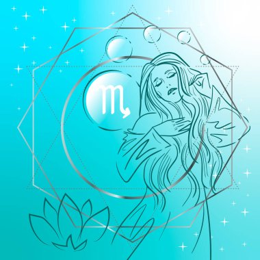 Zodiac burcu. Akrep 'in çiçek taşıyan bir kız olarak tasviri. Kare arkaplanda yıldız falı sembolü