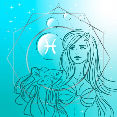 Zodiac burcu. Balıklı bir kız olarak Balık burcunun vektör çizimi. Kare arkaplanda yıldız falı sembolü