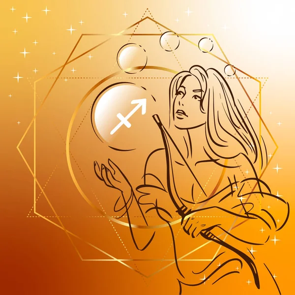 Signe du zodiaque. Illustration vectorielle du Sagittaire comme une fille avec arc et flèche. Horoscope symbole sur fond carré — Image vectorielle