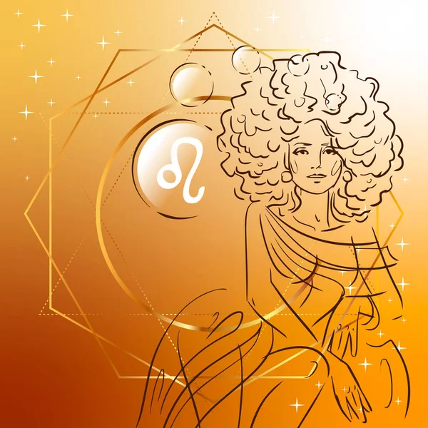 Signo do zodíaco. Ilustração vetorial de Leo como uma menina. Símbolo do horóscopo no fundo quadrado —  Vetores de Stock