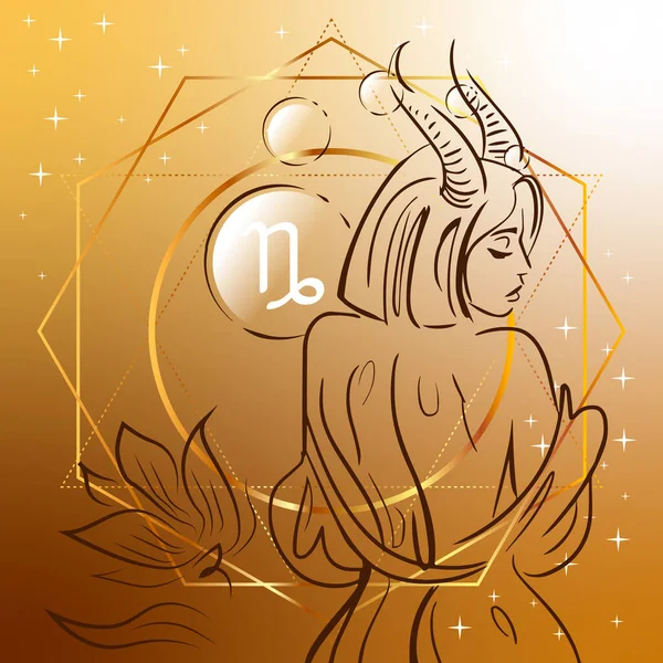 Zodiac-tecken. Vektor illustration av Stenbocken som en flicka med blommor. Horoskop symbol på fyrkantig bakgrund — Stock vektor
