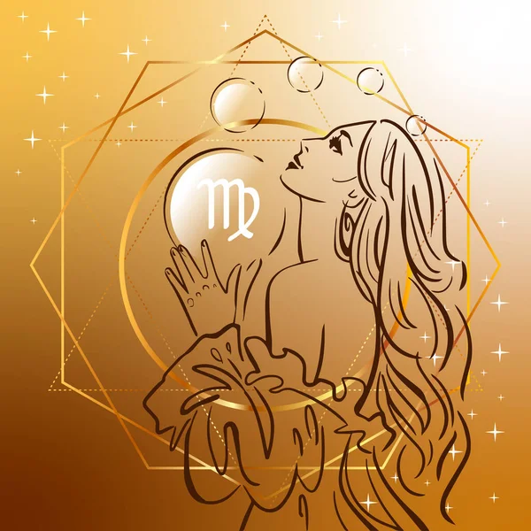 Signo del zodíaco. Ilustración vectorial de Virgo como una niña símbolo de horóscopo sobre fondo de ornamento cuadrado — Vector de stock