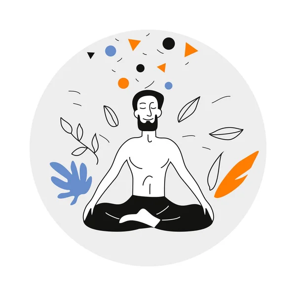 El hombre practica yoga en la posición de loto. Meditación y relajación. garabato simple sobre un fondo redondo — Archivo Imágenes Vectoriales