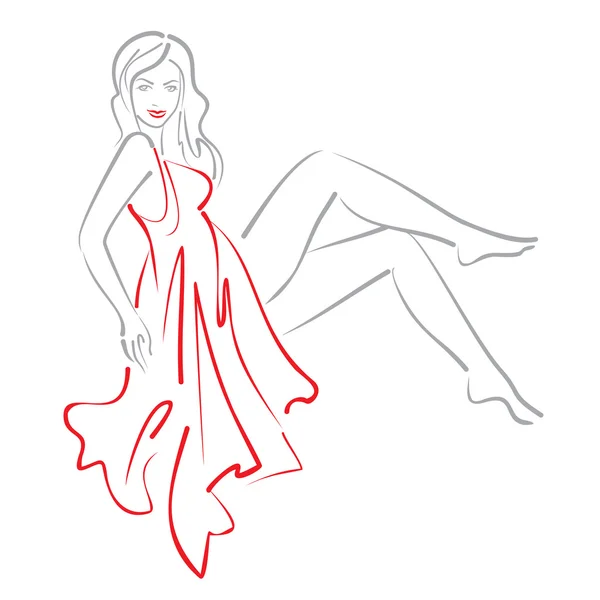 Croquis vectoriel de la femme assise dans la robe rouge — Image vectorielle