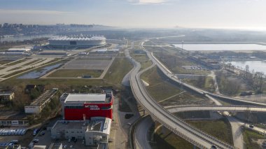 Rostov-on-Don, Rusya, 20 Mart 2020: Rostov-on-Don, Futbol stadyumu Rostov Arena 'nın havadan görünüşü, inşaatın tamamlanması, akşam manzarası.
