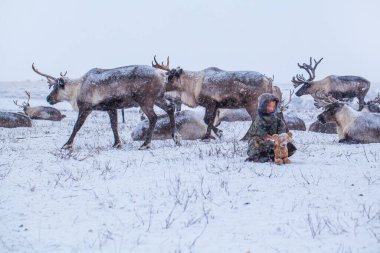 Yamal Yarımadası. Genç bir ren geyiği çobanı. Ren geyiği otlağındaki mutlu çocuk kışın bir oyuncakla oynuyor..